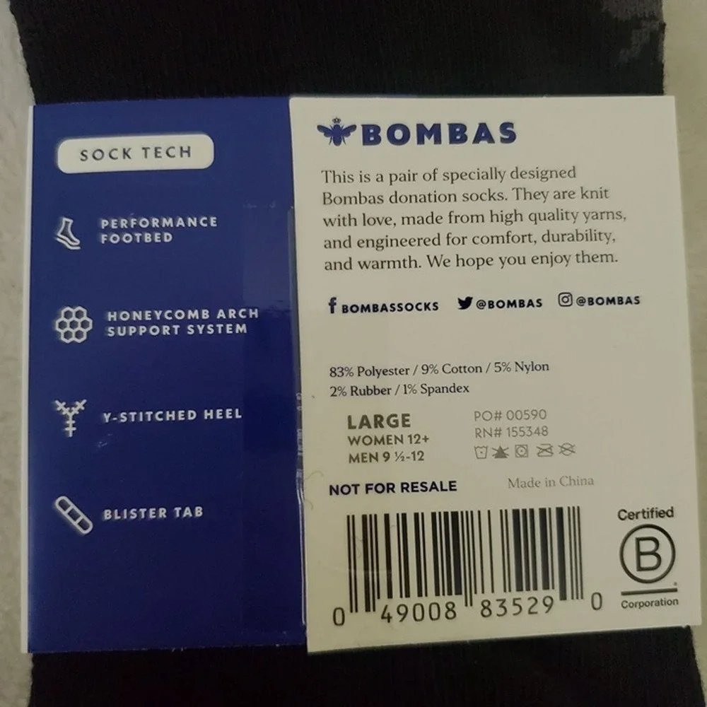 Bombas ankle socks tech ankle 5 pairs women/men sz large honeycomb cushion black